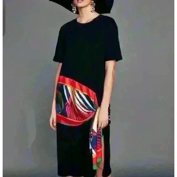 Zara Collection Black Cotton Dress Contrasting Colorful Scarf Midi Size Small - Picture 1 of 11